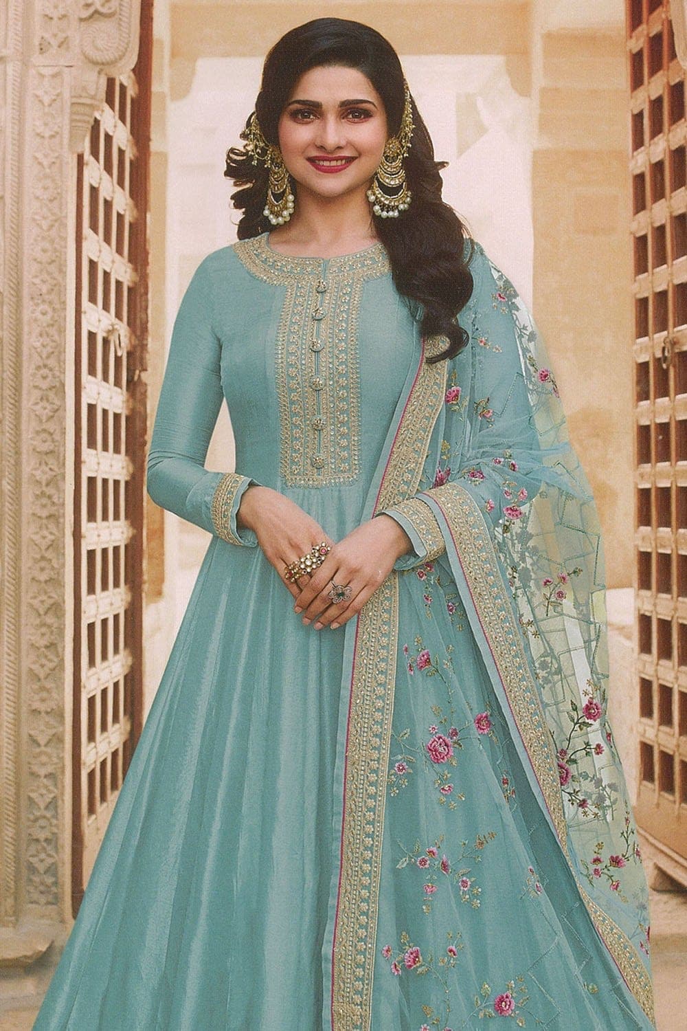 Adorable Designer Wear Blue Satin Silk Anarkali Gown With Silk Chander